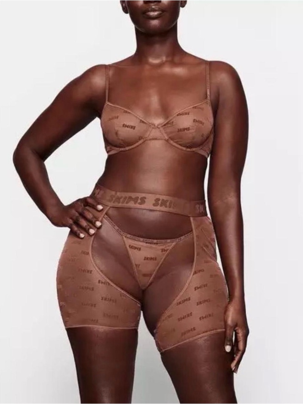 SKIMS Chocolate Logo Mesh Bra & High-Waist Short Set